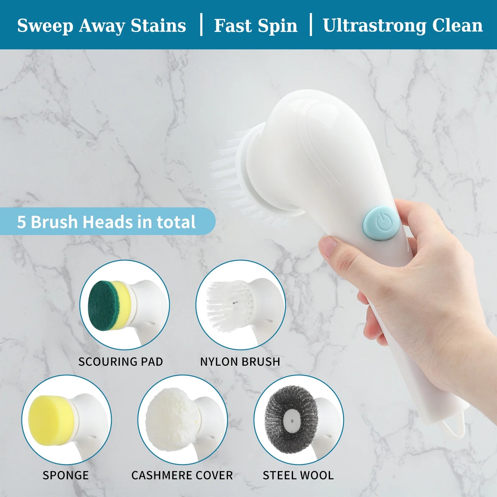Cordless Electric Spin Scrubber - 5 Replaceable Heads for Kitchen & Bathroom Cleaning