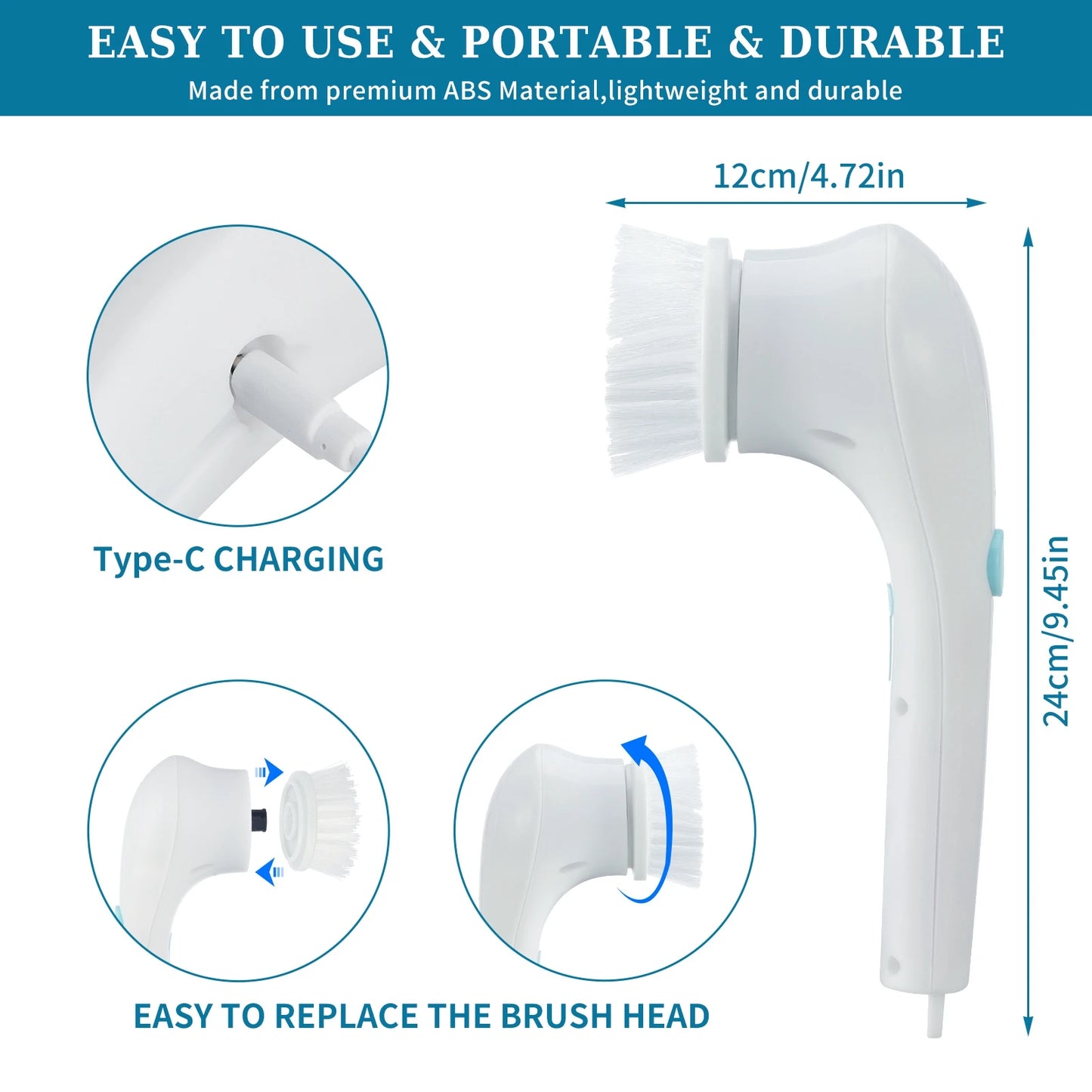 Cordless Electric Spin Scrubber - 5 Replaceable Heads for Kitchen & Bathroom Cleaning